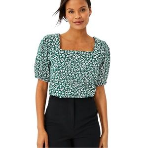 Ann Taylor Floral Puff Sleeve Square Neck Top Green White Size XL Preppy Boho